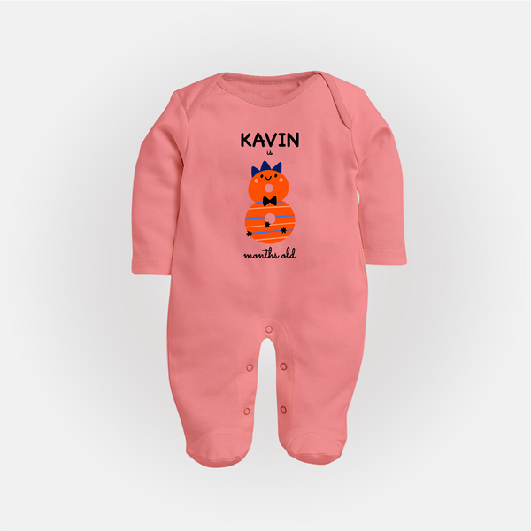 Milestone Full Sleeve Bodysuit/ Sleep Suit/ Jumpsuit for 8th Month | Soft Cotton Personalized Full Sleeve Bodysuit/ Sleep Suit/ Jumpsuit | Unisex Design - PEACH - New Born (Chest 7.5")