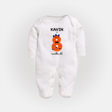 Milestone Full Sleeve Bodysuit/ Sleep Suit/ Jumpsuit for 8th Month | Soft Cotton Personalized Full Sleeve Bodysuit/ Sleep Suit/ Jumpsuit | Unisex Design - WHITE - New Born (Chest 7.5")