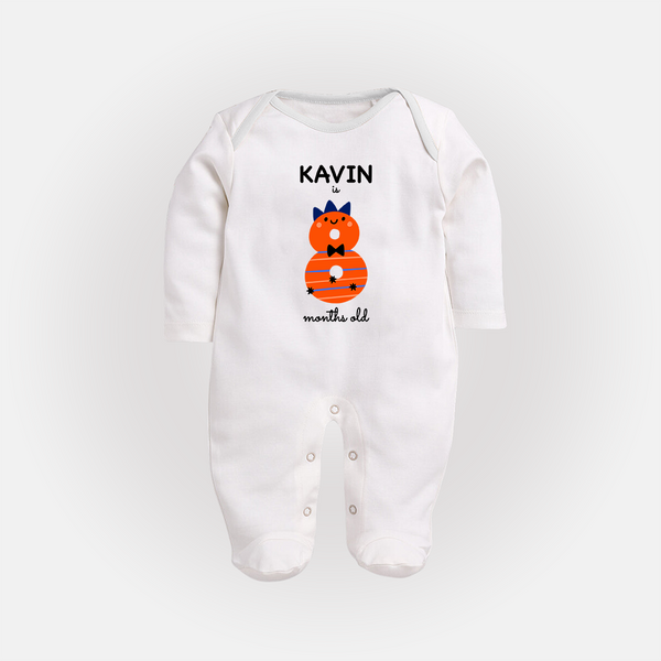 Milestone Full Sleeve Bodysuit/ Sleep Suit/ Jumpsuit for 8th Month | Soft Cotton Personalized Full Sleeve Bodysuit/ Sleep Suit/ Jumpsuit | Unisex Design - WHITE - New Born (Chest 7.5")