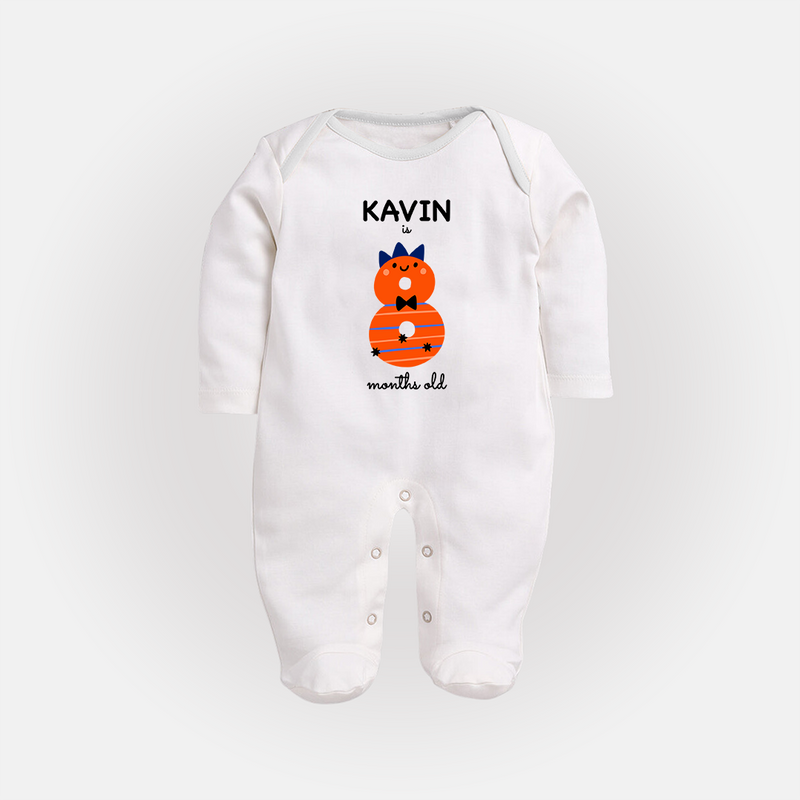 Milestone Full Sleeve Bodysuit/ Sleep Suit/ Jumpsuit for 8th Month | Soft Cotton Personalized Full Sleeve Bodysuit/ Sleep Suit/ Jumpsuit | Unisex Design - WHITE - New Born (Chest 7.5")
