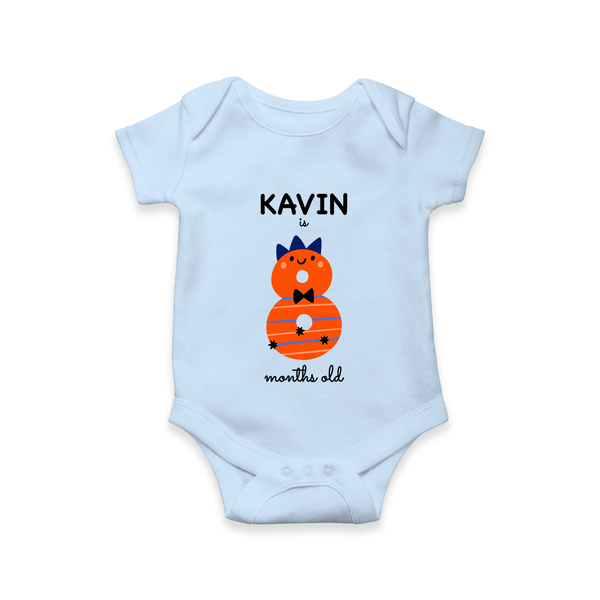 Milestone Romper for 8th Month | Soft Cotton Personalized Romper/Onesie | Unisex Design - BABY BLUE - New Born (Chest 14")