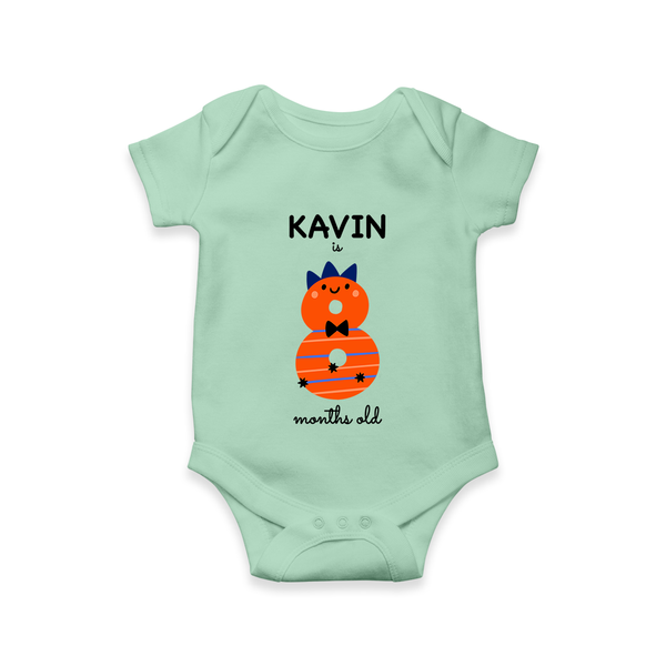 Milestone Romper for 8th Month | Soft Cotton Personalized Romper/Onesie | Unisex Design - MINT GREEN - New Born (Chest 14")