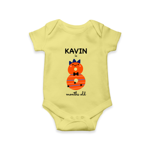 Milestone Romper for 8th Month | Soft Cotton Personalized Romper/Onesie | Unisex Design - PASTEL YELLOW - New Born (Chest 14")