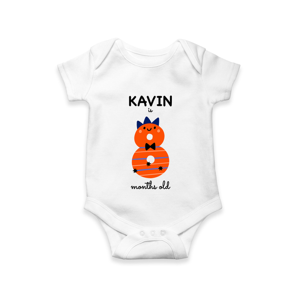 Milestone Romper for 8th Month | Soft Cotton Personalized Romper/Onesie | Unisex Design - WHITE - New Born (Chest 14")