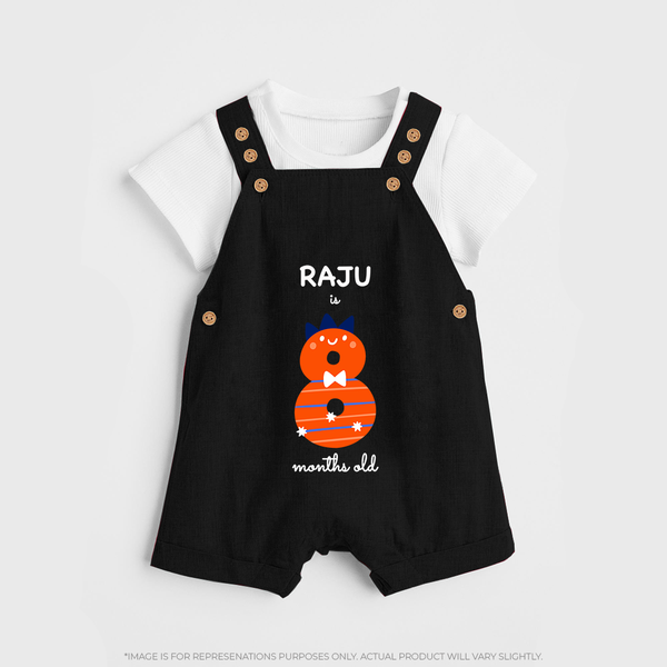Milestone Dungaree Set for 8th Month | Soft Cotton Personalized Dungaree Set | Unisex Design - BLACK - 0 - 5 Months Old (Chest 18")