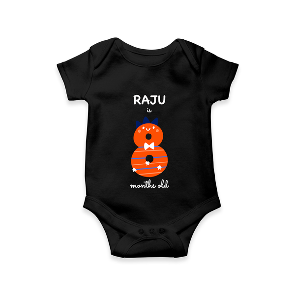 Milestone Romper for 8th Month | Soft Cotton Personalized Romper/Onesie | Unisex Design - BLACK - New Born (Chest 14")