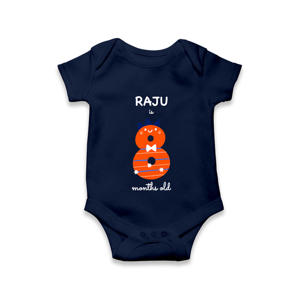 Milestone Romper for 8th Month | Soft Cotton Personalized Romper/Onesie | Unisex Design - NAVY BLUE - New Born (Chest 14")