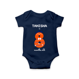 Celebrate The Eighth Month Birthday Custom Romper, Featuring with your Baby's name - NAVY BLUE - 0 - 3 Months Old (Chest 16")