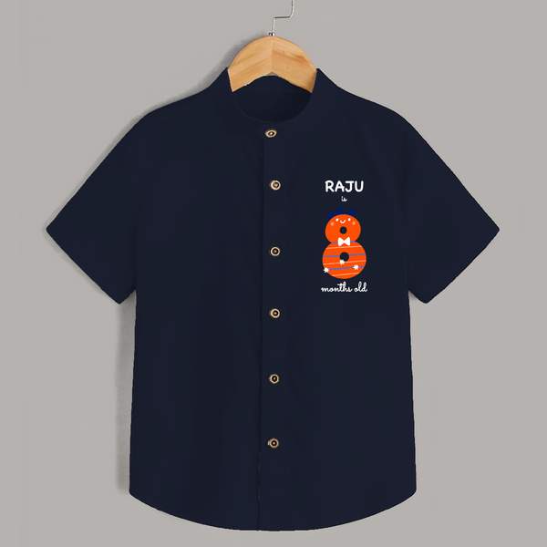 Milestone Shirt for 8th Month | Soft Cotton Personalized Shirt | Unisex Design - NAVY BLUE - 0 - 6 Months Old (Chest 23")