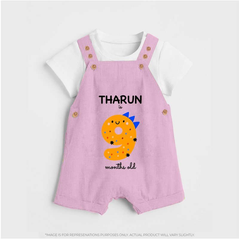 Milestone Dungaree Set for 9th Month | Soft Cotton Personalized Dungaree Set | Unisex Design - BABY PINK - 0 - 5 Months Old (Chest 18")