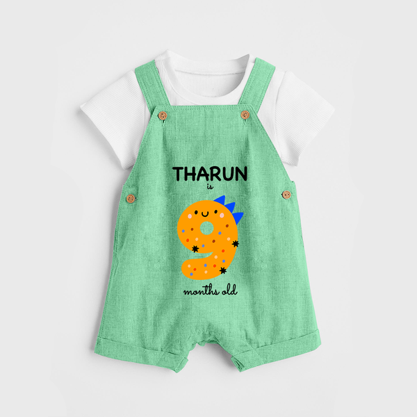 Milestone Dungaree Set for 9th Month | Soft Cotton Personalized Dungaree Set | Unisex Design - GREEN - 0 - 5 Months Old (Chest 18")