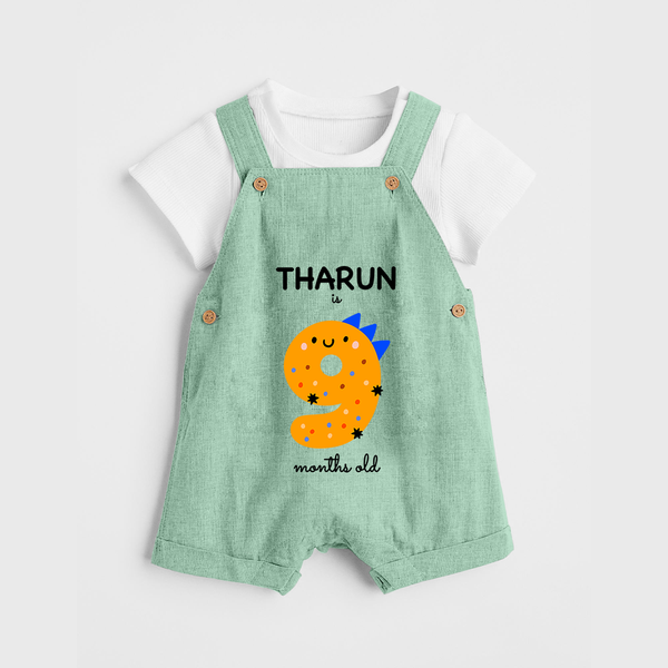 Milestone Dungaree Set for 9th Month | Soft Cotton Personalized Dungaree Set | Unisex Design - MINT GREEN - 0 - 5 Months Old (Chest 18")