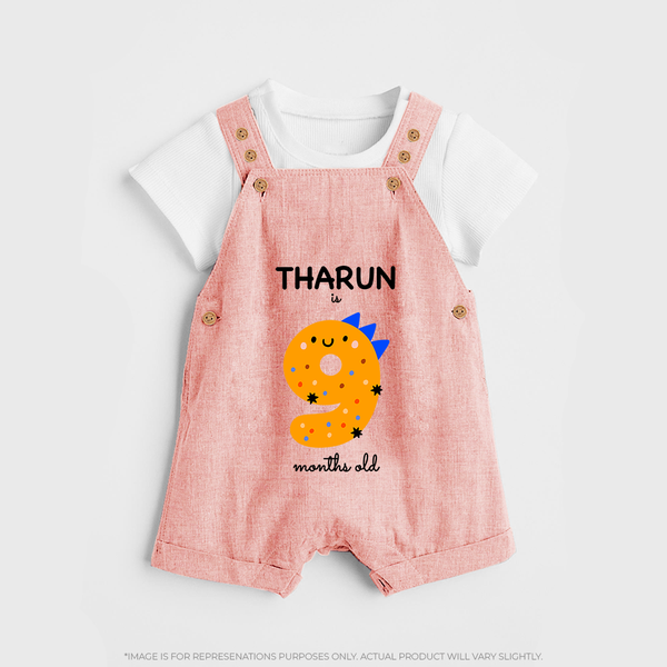 Milestone Dungaree Set for 9th Month | Soft Cotton Personalized Dungaree Set | Unisex Design - PEACH - 0 - 5 Months Old (Chest 18")