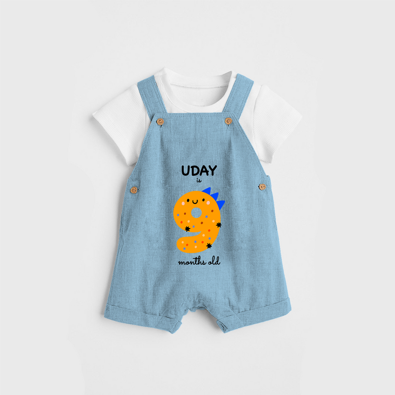 Celebrate The Ninth Month Birthday Custom Dungaree, Featuring with your Baby's name - SKY BLUE - 0 - 5 Months Old (Chest 17")