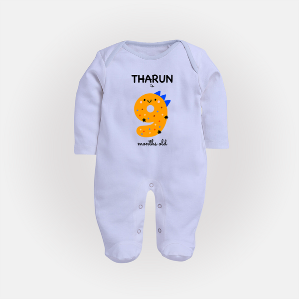 Milestone Full Sleeve Bodysuit/ Sleep Suit/ Jumpsuit for 9th Month | Soft Cotton Personalized Full Sleeve Bodysuit/ Sleep Suit/ Jumpsuit | Unisex Design - BABY BLUE - New Born (Chest 7.5")