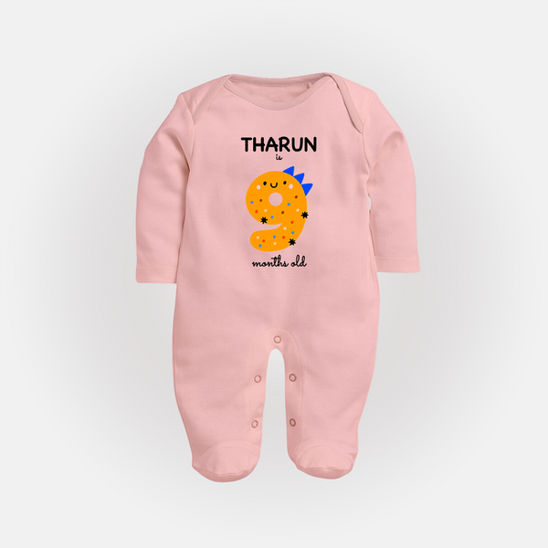 Milestone Full Sleeve Bodysuit/ Sleep Suit/ Jumpsuit for 9th Month | Soft Cotton Personalized Full Sleeve Bodysuit/ Sleep Suit/ Jumpsuit | Unisex Design - BABY PINK - New Born (Chest 7.5")