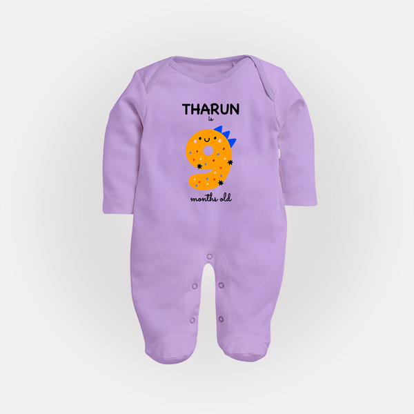 Milestone Full Sleeve Bodysuit/ Sleep Suit/ Jumpsuit for 9th Month | Soft Cotton Personalized Full Sleeve Bodysuit/ Sleep Suit/ Jumpsuit | Unisex Design - LILAC - New Born (Chest 7.5")
