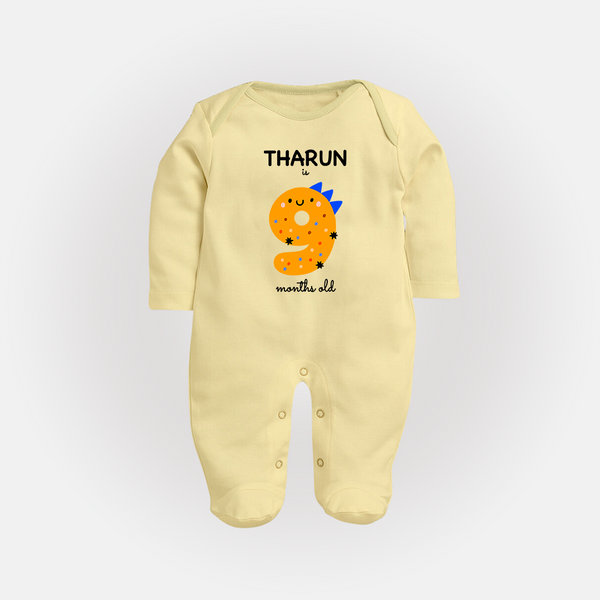 Milestone Full Sleeve Bodysuit/ Sleep Suit/ Jumpsuit for 9th Month | Soft Cotton Personalized Full Sleeve Bodysuit/ Sleep Suit/ Jumpsuit | Unisex Design - PASTEL YELLOW - New Born (Chest 7.5")