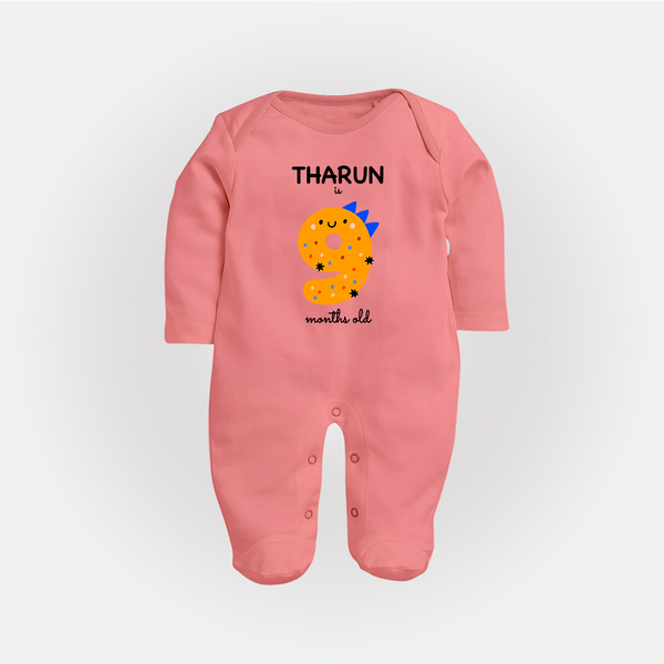 Milestone Full Sleeve Bodysuit/ Sleep Suit/ Jumpsuit for 9th Month | Soft Cotton Personalized Full Sleeve Bodysuit/ Sleep Suit/ Jumpsuit | Unisex Design - PEACH - New Born (Chest 7.5")