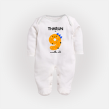 Milestone Full Sleeve Bodysuit/ Sleep Suit/ Jumpsuit for 9th Month | Soft Cotton Personalized Full Sleeve Bodysuit/ Sleep Suit/ Jumpsuit | Unisex Design - WHITE - New Born (Chest 7.5")