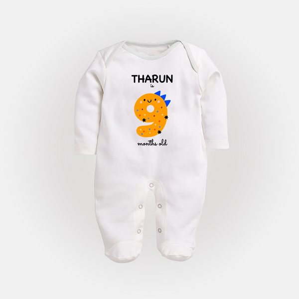 Milestone Full Sleeve Bodysuit/ Sleep Suit/ Jumpsuit for 9th Month | Soft Cotton Personalized Full Sleeve Bodysuit/ Sleep Suit/ Jumpsuit | Unisex Design - WHITE - New Born (Chest 7.5")