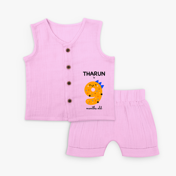 Milestone Jabla Set for 9th Month | Soft Cotton Personalized Jabla Set | Unisex Design - BABY PINK - 0 - 3 Months Old (Chest 9.8")