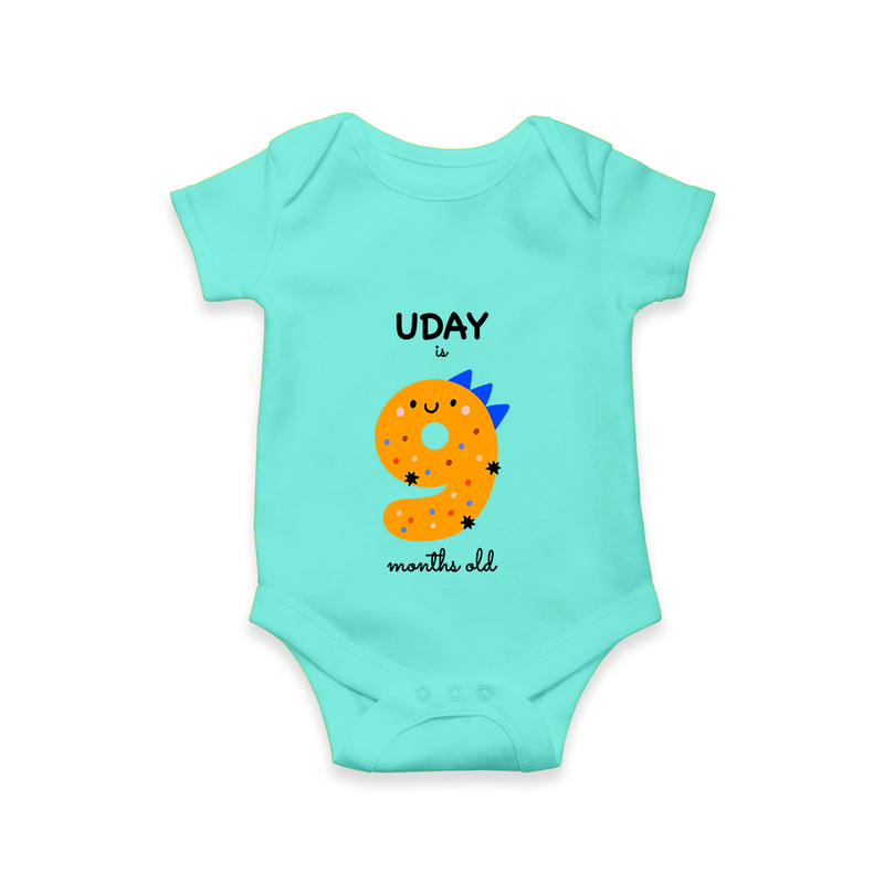Celebrate The Ninth Month Birthday Custom Romper, Featuring with your Baby's name - ARCTIC BLUE - 0 - 3 Months Old (Chest 16")
