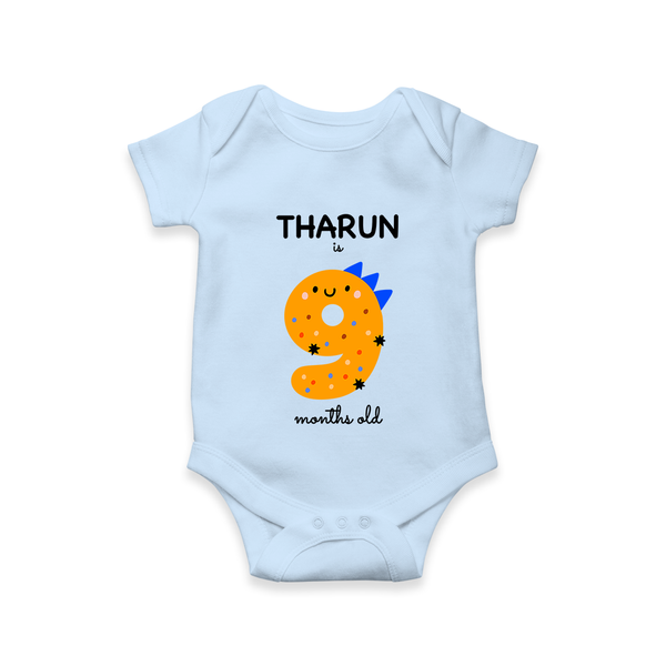 Milestone Romper for 9th Month | Soft Cotton Personalized Romper/Onesie | Unisex Design - BABY BLUE - New Born (Chest 14")