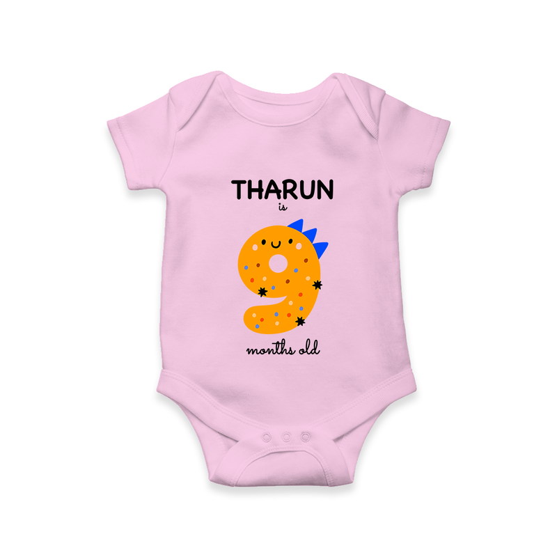 Milestone Romper for 9th Month | Soft Cotton Personalized Romper/Onesie | Unisex Design - BABY PINK - New Born (Chest 14")