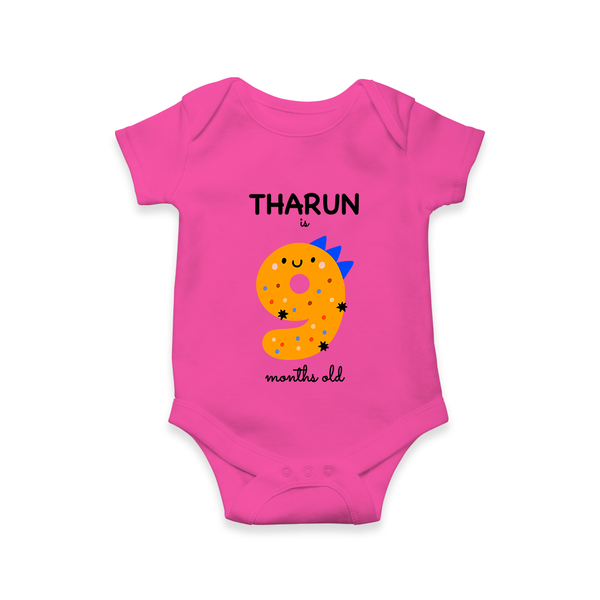 Milestone Romper for 9th Month | Soft Cotton Personalized Romper/Onesie | Unisex Design - HOT PINK - New Born (Chest 14")
