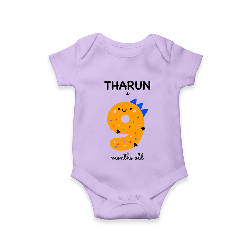 Milestone Romper for 9th Month | Soft Cotton Personalized Romper/Onesie | Unisex Design - LILAC - New Born (Chest 14")