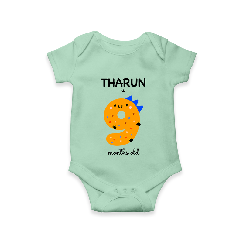 Milestone Romper for 9th Month | Soft Cotton Personalized Romper/Onesie | Unisex Design - MINT GREEN - New Born (Chest 14")