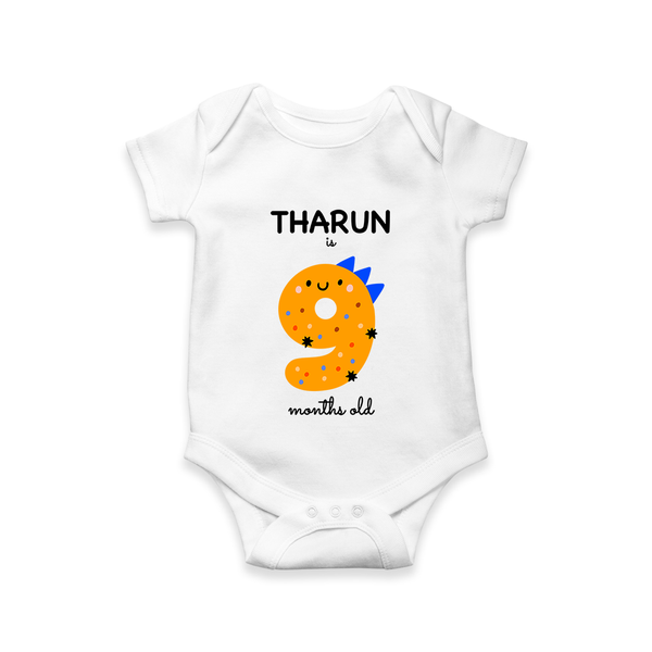 Milestone Romper for 9th Month | Soft Cotton Personalized Romper/Onesie | Unisex Design - WHITE - New Born (Chest 14")