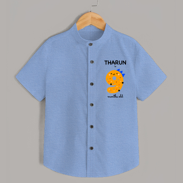 Milestone Shirt for 9th Month | Soft Cotton Personalized Shirt | Unisex Design - SKY BLUE - 0 - 6 Months Old (Chest 23")