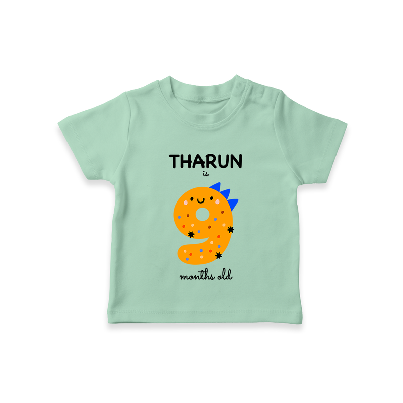Milestone T-Shirt for 9th Month | Soft Cotton Personalized T-Shirt | Unisex Design - MINT GREEN - 0-5 Months Old (Chest 17")