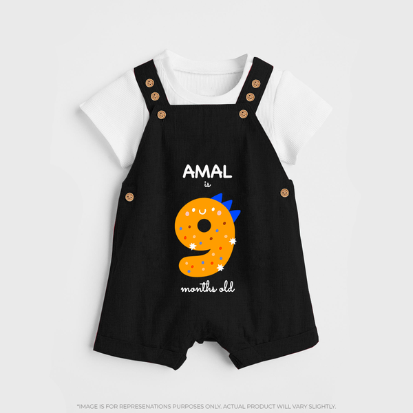 Milestone Dungaree Set for 9th Month | Soft Cotton Personalized Dungaree Set | Unisex Design - BLACK - 0 - 5 Months Old (Chest 18")