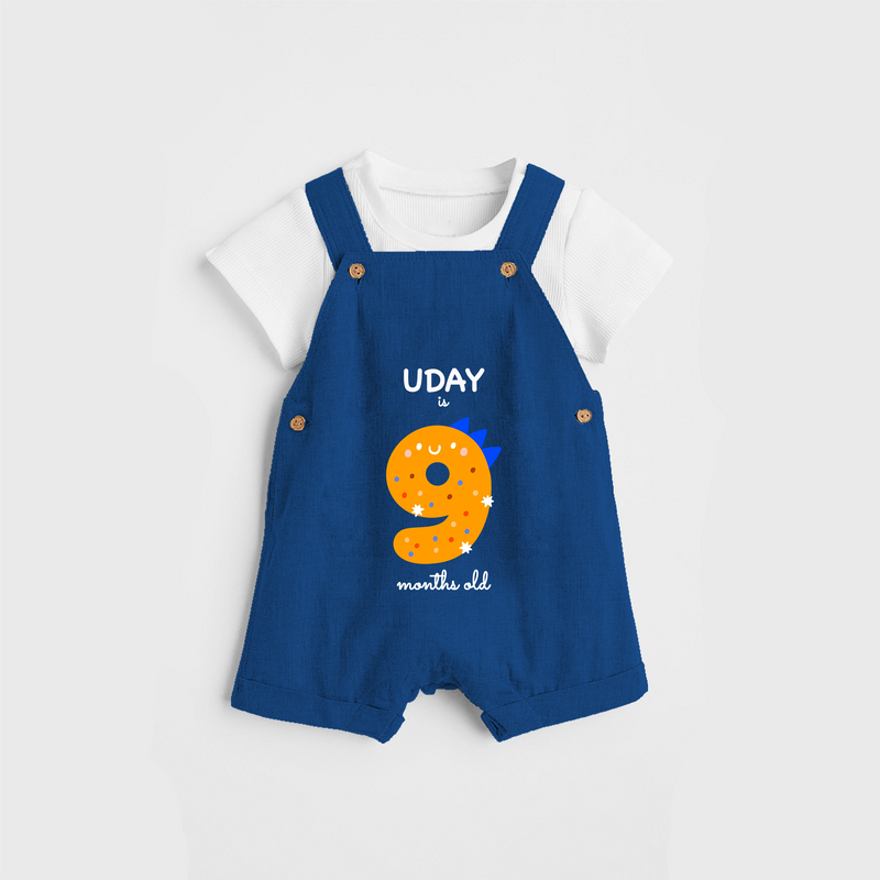 Celebrate The Ninth Month Birthday Custom Dungaree, Featuring with your Baby's name - COBALT BLUE - 0 - 5 Months Old (Chest 17")