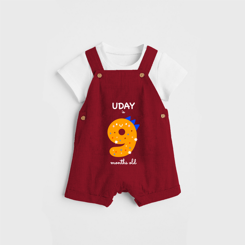 Celebrate The Ninth Month Birthday Custom Dungaree, Featuring with your Baby's name - RED - 0 - 5 Months Old (Chest 17")