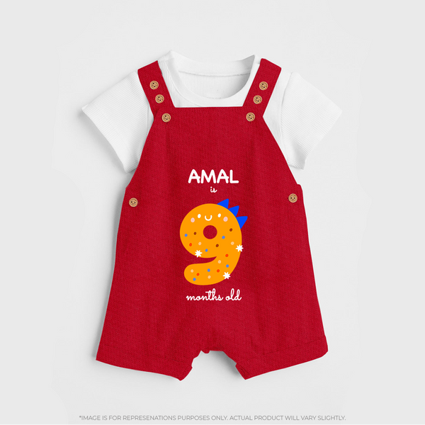 Milestone Dungaree Set for 9th Month | Soft Cotton Personalized Dungaree Set | Unisex Design - RED - 0 - 5 Months Old (Chest 18")