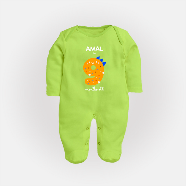 Milestone Full Sleeve Bodysuit/ Sleep Suit/ Jumpsuit for 9th Month | Soft Cotton Personalized Full Sleeve Bodysuit/ Sleep Suit/ Jumpsuit | Unisex Design - LIME GREEN - New Born (Chest 7.5")