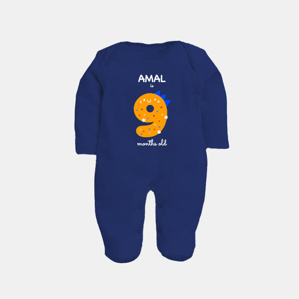 Milestone Full Sleeve Bodysuit/ Sleep Suit/ Jumpsuit for 9th Month | Soft Cotton Personalized Full Sleeve Bodysuit/ Sleep Suit/ Jumpsuit | Unisex Design - NAVY BLUE - New Born (Chest 7.5")