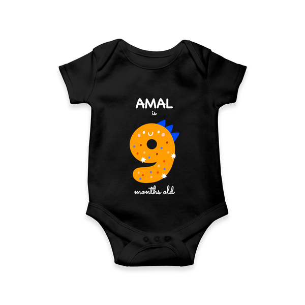 Milestone Romper for 9th Month | Soft Cotton Personalized Romper/Onesie | Unisex Design - BLACK - New Born (Chest 14")