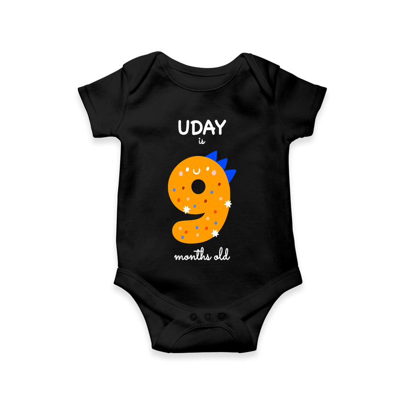 Celebrate The Ninth Month Birthday Custom Romper, Featuring with your Baby's name - BLACK - 0 - 3 Months Old (Chest 16")