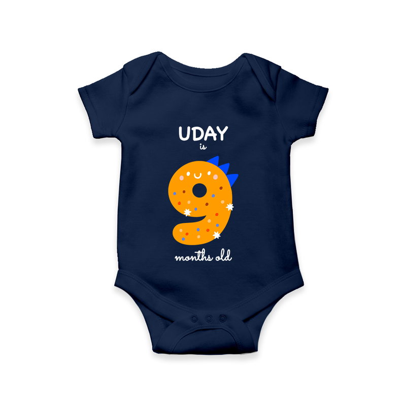 Celebrate The Ninth Month Birthday Custom Romper, Featuring with your Baby's name - NAVY BLUE - 0 - 3 Months Old (Chest 16")