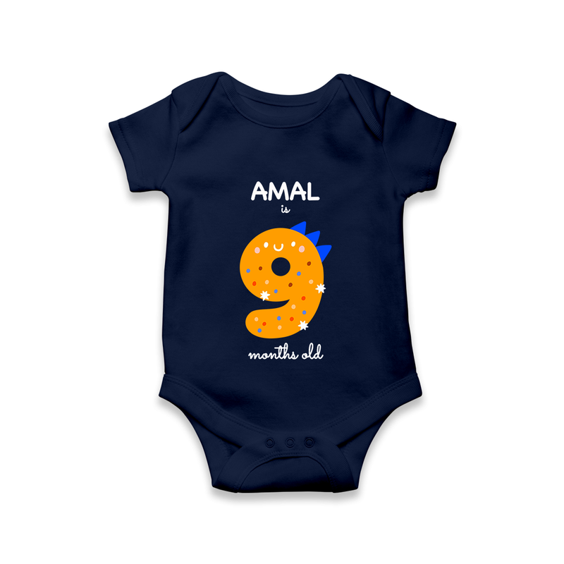 Milestone Romper for 9th Month | Soft Cotton Personalized Romper/Onesie | Unisex Design - NAVY BLUE - New Born (Chest 14")