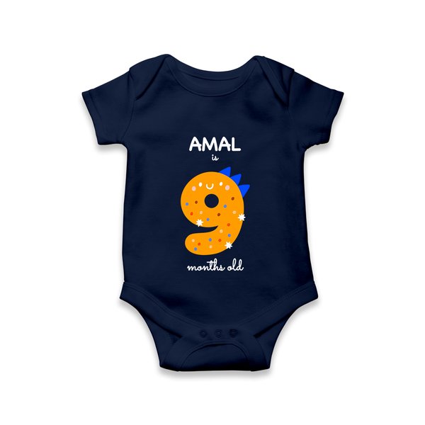 Milestone Romper for 9th Month | Soft Cotton Personalized Romper/Onesie | Unisex Design - NAVY BLUE - New Born (Chest 14")