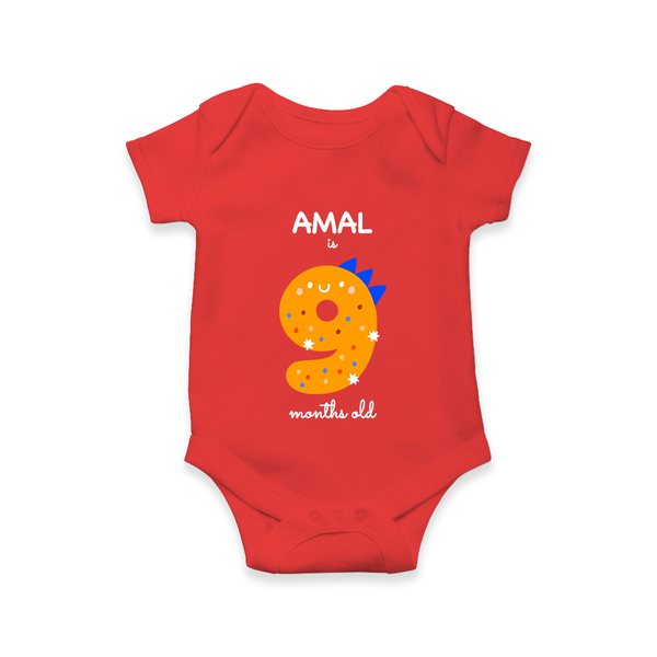 Milestone Romper for 9th Month | Soft Cotton Personalized Romper/Onesie | Unisex Design - RED - New Born (Chest 14")