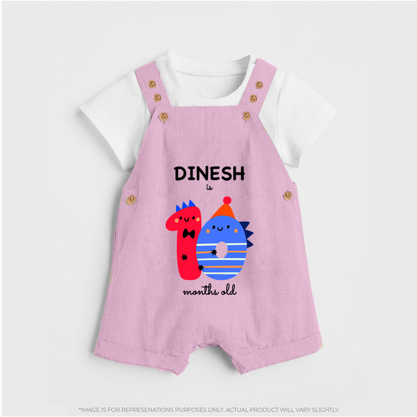 Milestone Dungaree Set for 10th Month | Soft Cotton Personalized Dungaree Set | Unisex Design - BABY PINK - 0 - 5 Months Old (Chest 18")