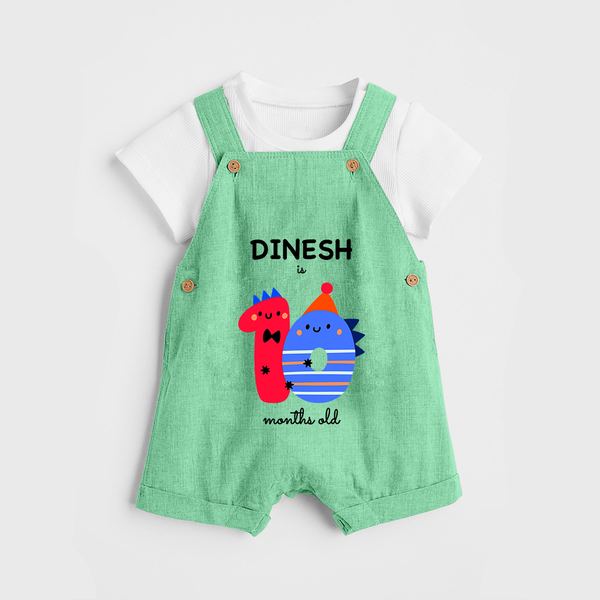 Milestone Dungaree Set for 10th Month | Soft Cotton Personalized Dungaree Set | Unisex Design - GREEN - 0 - 5 Months Old (Chest 18")