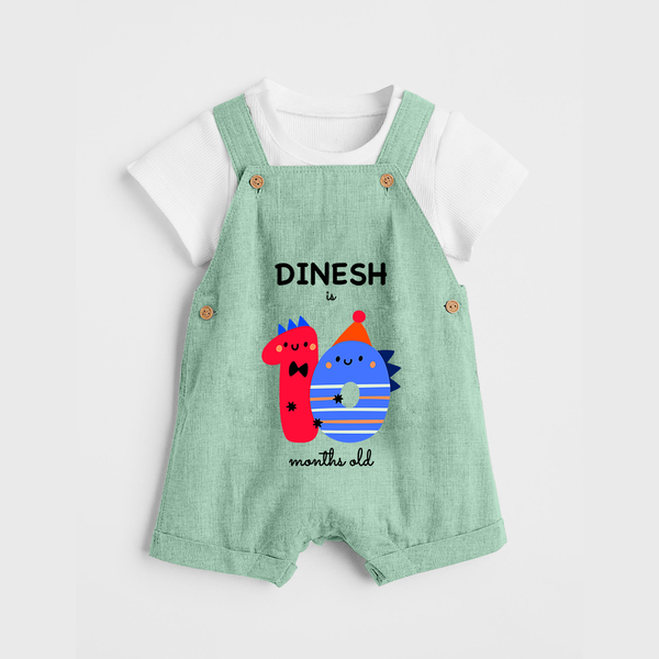Milestone Dungaree Set for 10th Month | Soft Cotton Personalized Dungaree Set | Unisex Design - MINT GREEN - 0 - 5 Months Old (Chest 18")